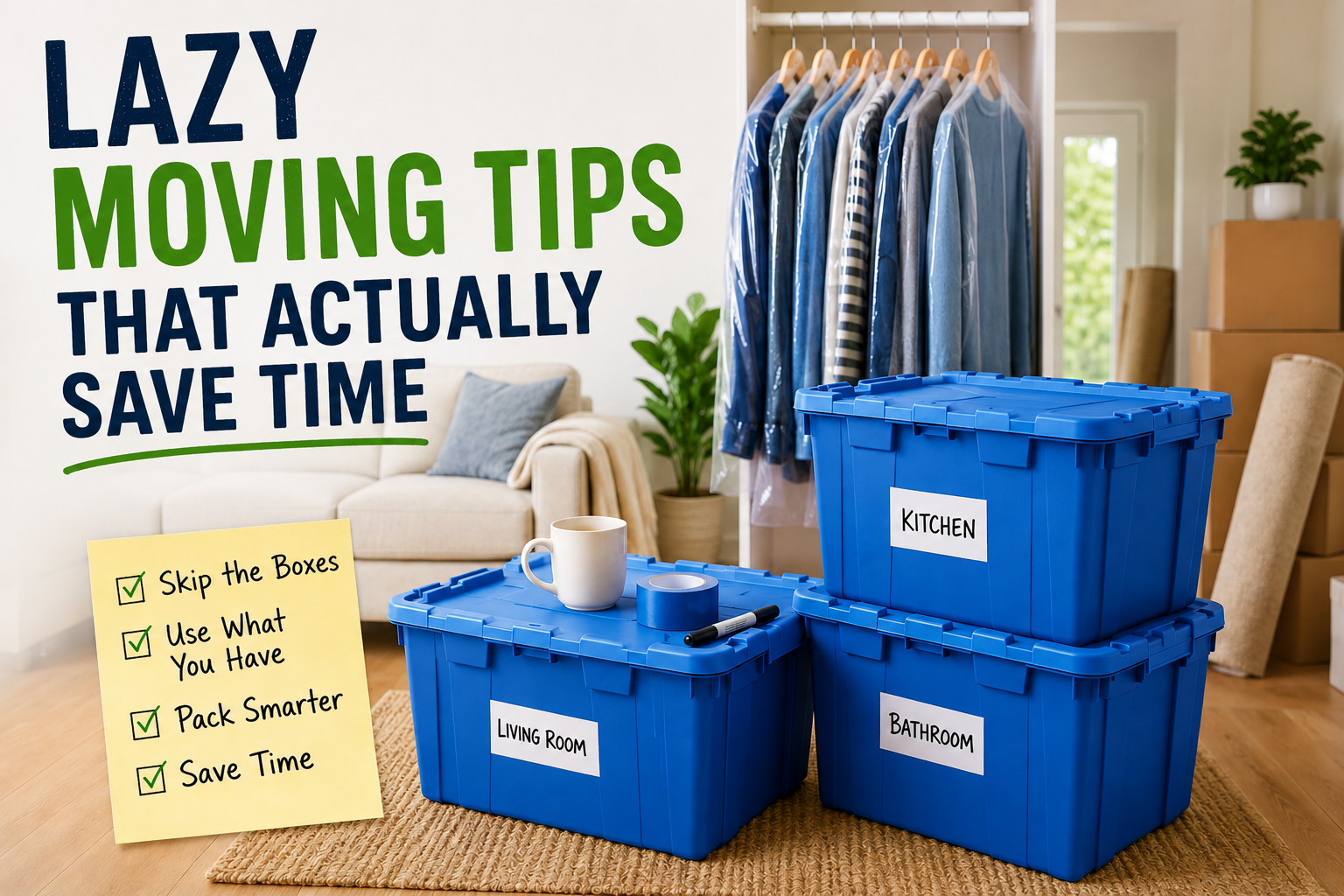 Three blue reusable moving totes stacked neatly in front of a closet with clothes on hangers, featuring a text overlay that reads "Lazy Moving Tips That Actually Save Time."
