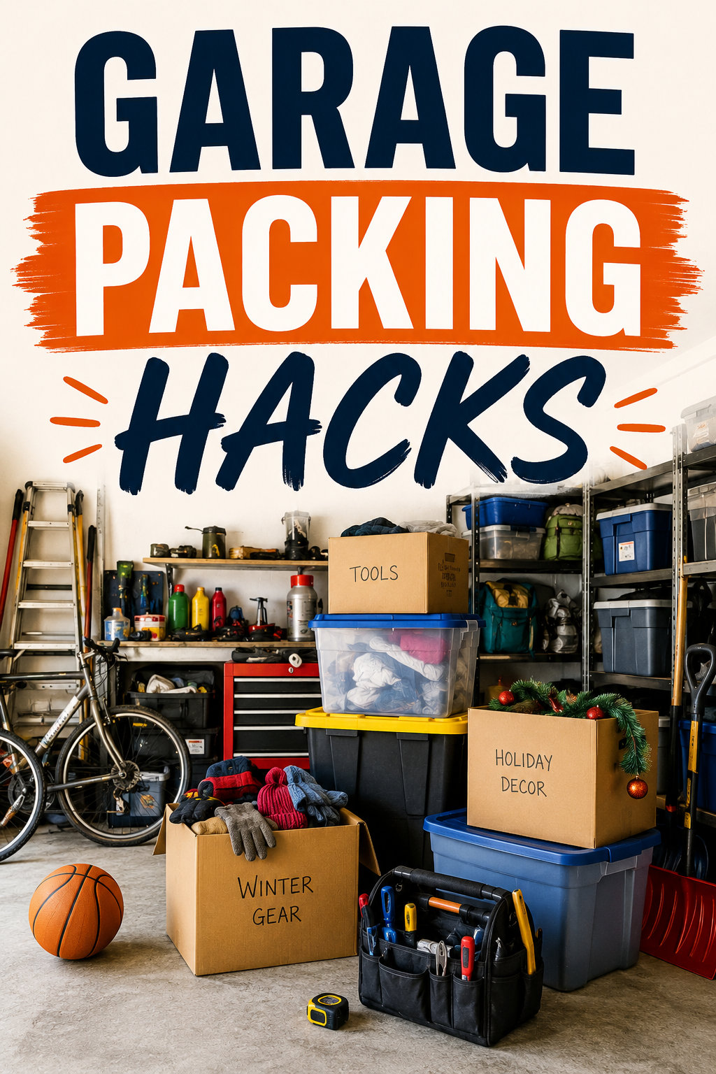 Brightly colored graphic with the text "GARAGE PACKING HACKS" featuring a well-organized garage filled with neatly stacked, heavy-duty reusable plastic moving totes, tools, and a packed moving box.