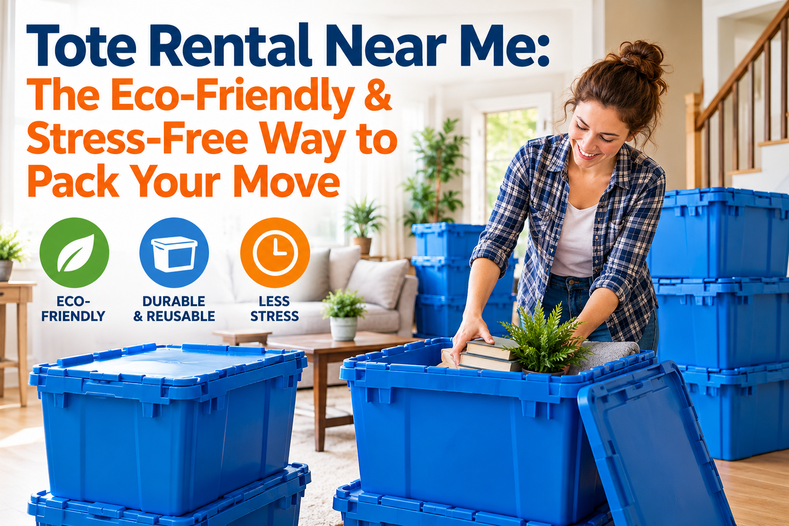 Woman packing blue plastic moving totes in a living room for a local move.